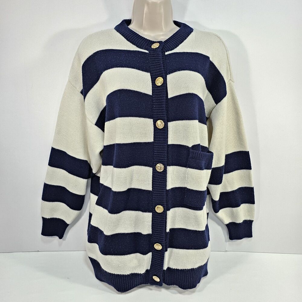 Vintage Ms Russ Navy Cream Stripe Cardigan Nautical Old Money Look Gold Buttons